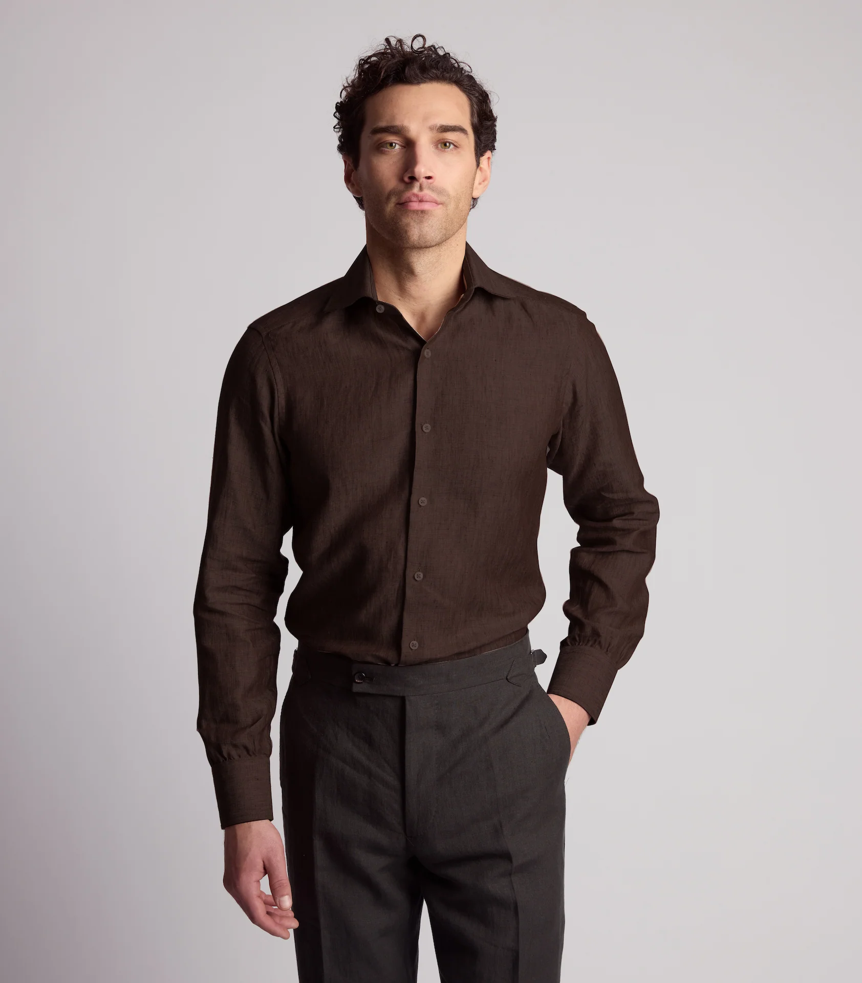 Chocolate Brown Chambray Linen Shirt - Image 4