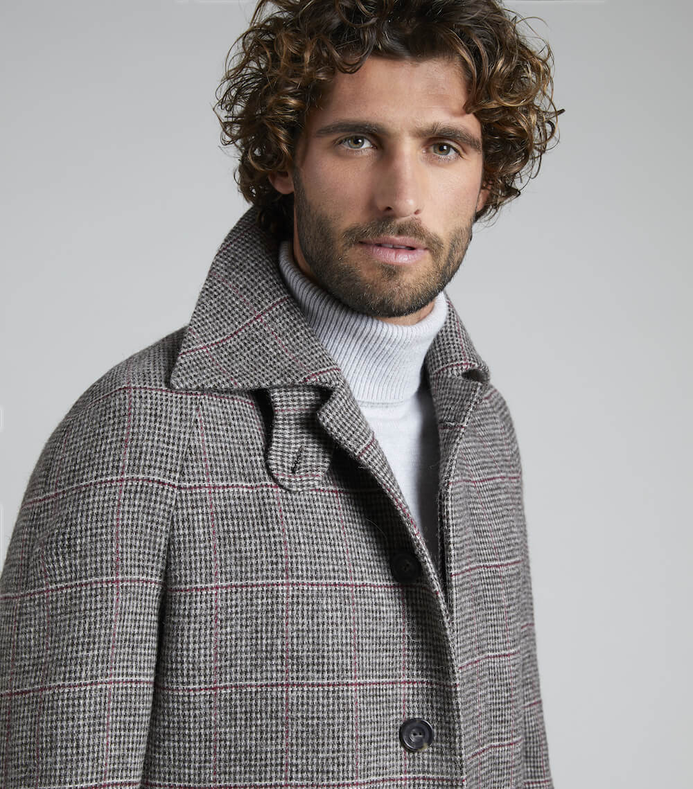 Claret/Grey Wool Balmacaan Overcheck Overcoat - Image 3