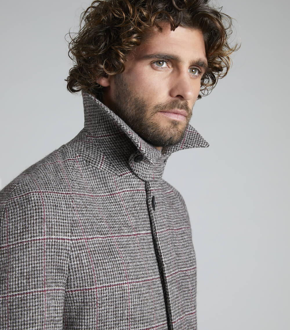 Claret/Grey Wool Balmacaan Overcheck Overcoat - Image 5