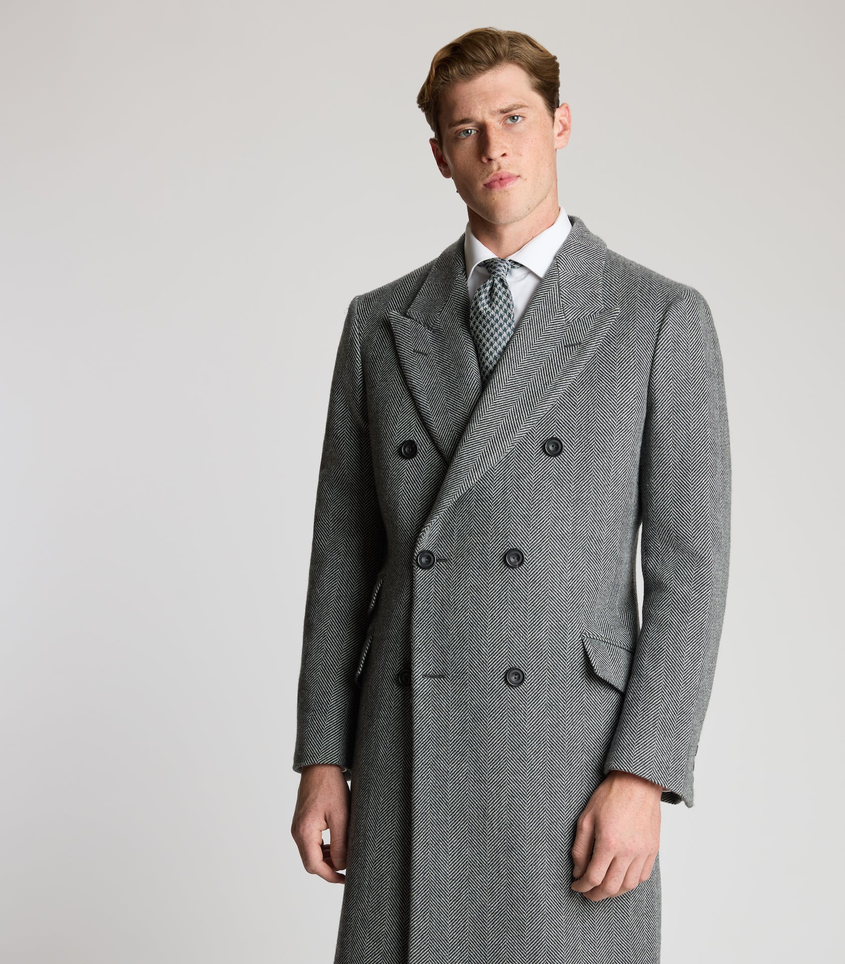 Grey Wool Herringbone Double Breasted Overcoat - Image 3