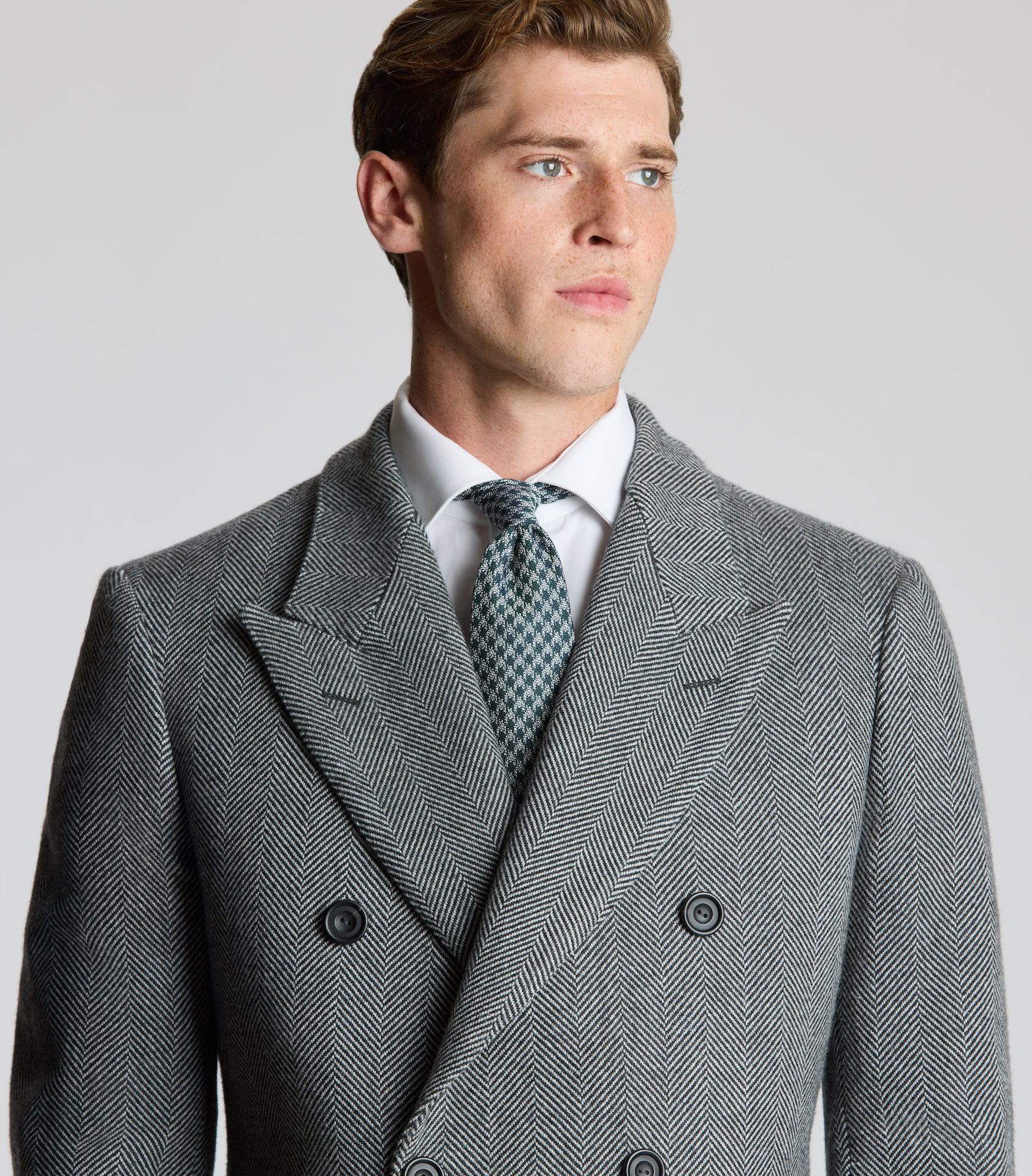 Grey Wool Herringbone Double Breasted Overcoat - Image 4