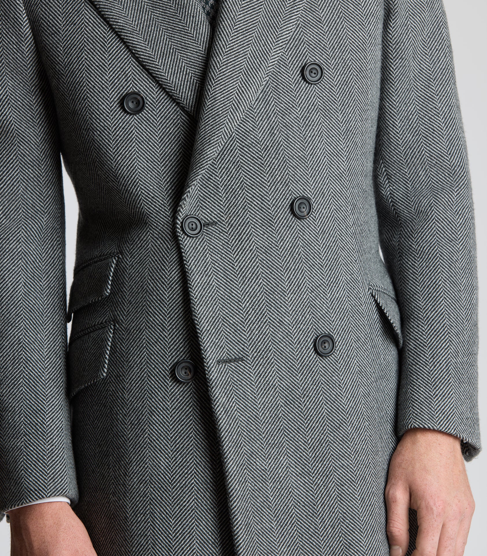 Grey Wool Herringbone Double Breasted Overcoat - Image 5