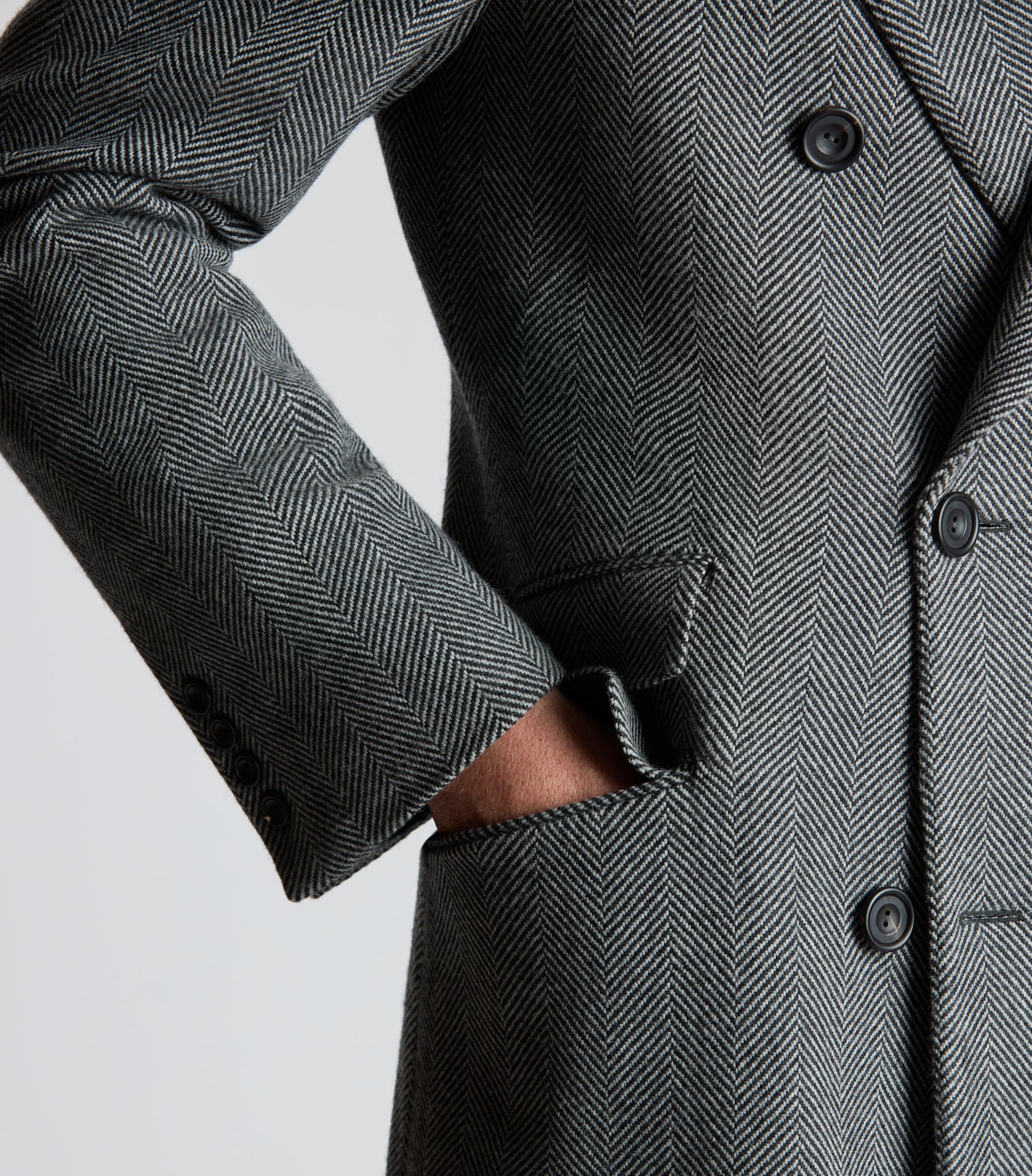 Grey Wool Herringbone Double Breasted Overcoat - Image 7