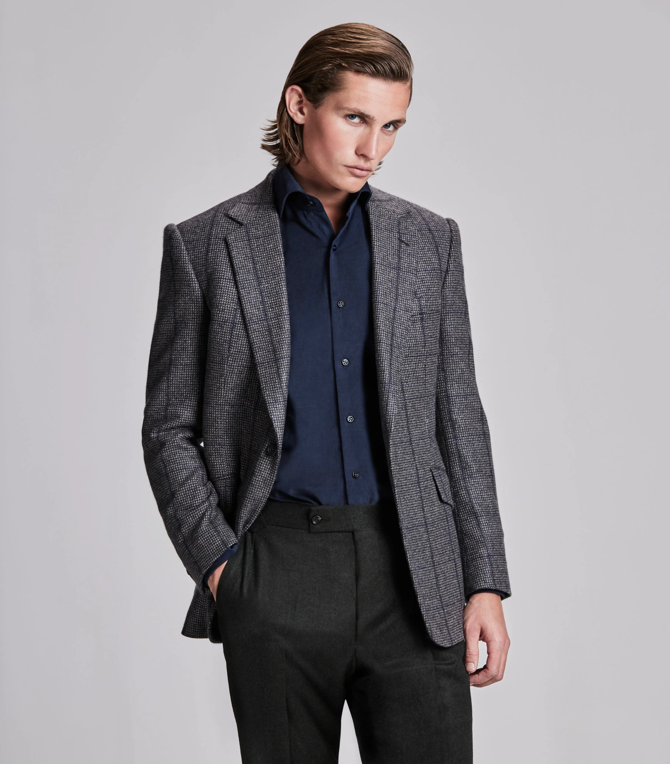 Navy/Grey Hairline Check Cashmere Jacket - Image 5