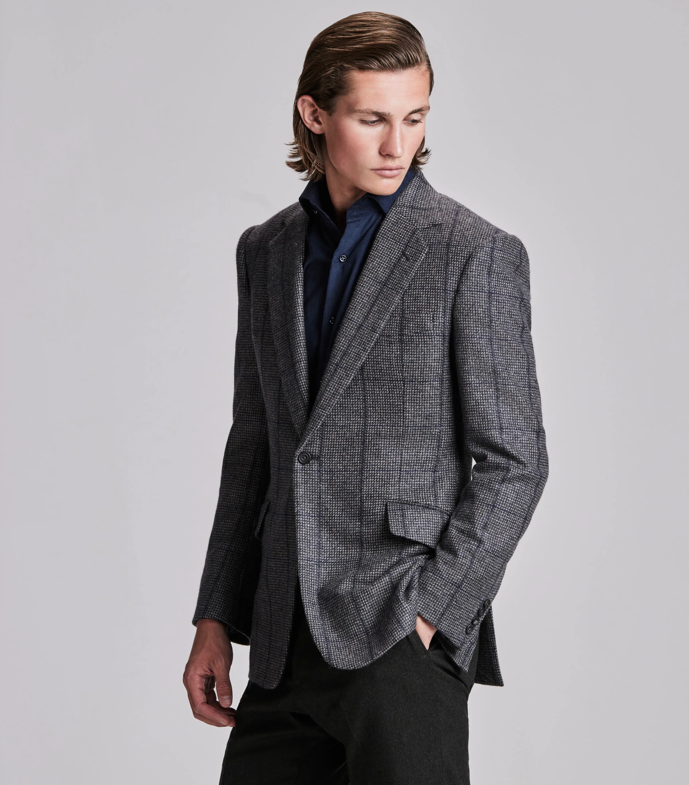 Navy/Grey Hairline Check Cashmere Jacket - Image 7